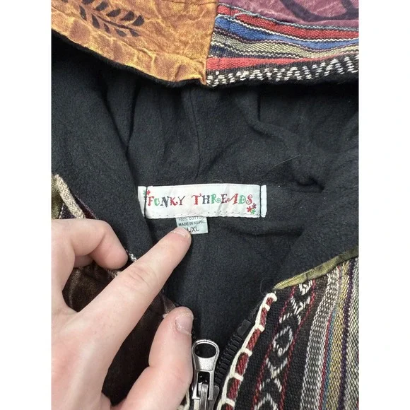 Funky Threads Hooded Patchwork Jacket Symbol Peace Sign Tribal Boho Festival XL - Picture 3 of 5